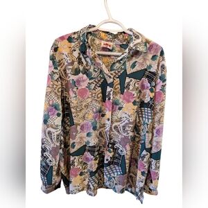 Vintage Alia Multicolor Paisley Print Blouse — Green, Pink, Gold, Cream